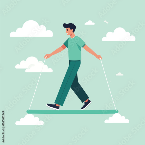 Tightrope Walker Character Demonstrating Focus and Stability Vector Illustration