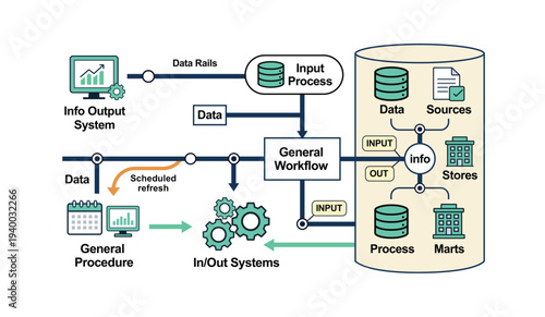 Sophisticated data management workflow diagram with scheduled refresh and diverse inputs