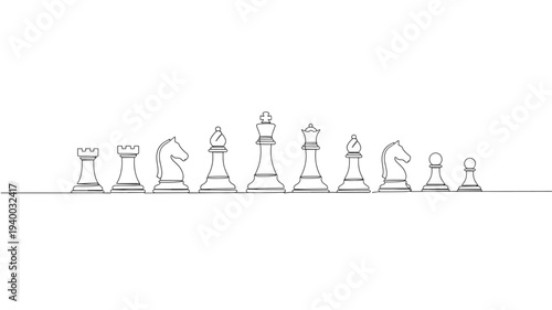 Chess pieces single line drawing set with king, queen, rook, bishop, knight, and pawn figures. featuring board game, strategy game, game with