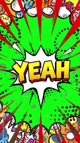 Wallpaper Mural Green Screen yeah word retro cartoon comic bubbles popup style expressions colored bomb and smoke strip dotted red speed radial line seamless loop animation black 4k doodle background scene 1 with Torontodigital.ca