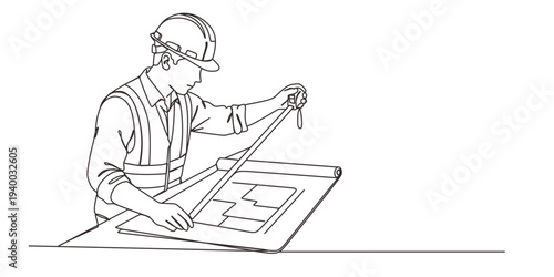 continuous line drawing of construction worker looking at blueprint  line art vector illustration.