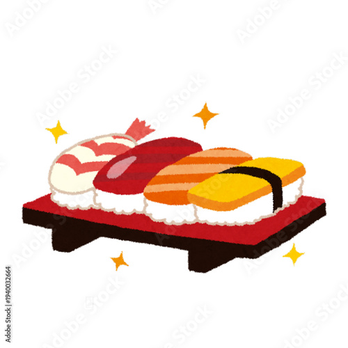 A sushi illustration featuring shrimp, tuna, salmon, and egg, showcasing a variety of classic Japanese sushi