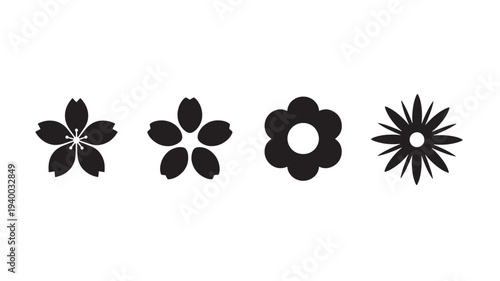 Flowers silhouette set with diverse petal shapes and styles, isolated on white background. featuring flower, blossom, bloom with petals and floral