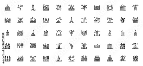 Landmarks icon set. Vector illustration of global monuments and buildings including Eiffel Tower, Taj Mahal, Coliseum, Statue of Liberty and more.