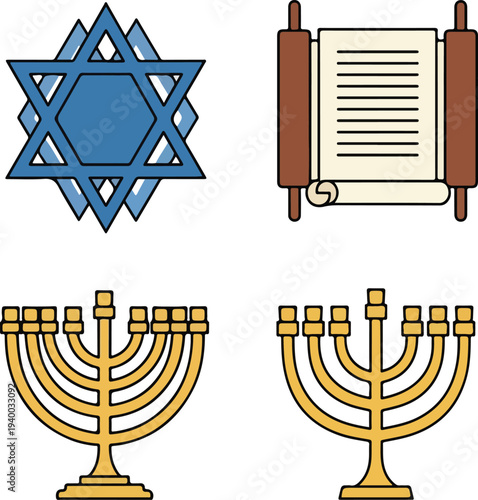 Collection of Jewish religious symbols, including the Star of David, a Torah scroll, and two distinct menorahs, representing faith and tradition.