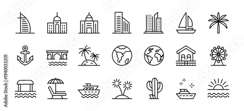 20 minimalist line of buildings landmarks and travel symbols