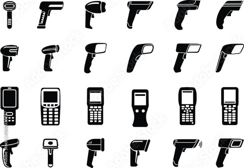 QR code scanner icon set collection group in black flat style featuring barcode reader, scanning device, digital sensor, POS technology, retail equipment and automation synonym elements for payment sy