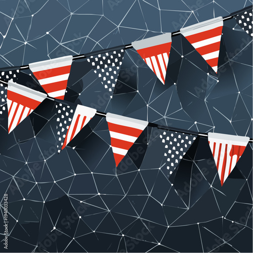 Festive party bunting flags with red stripes and polka dots for celebration.