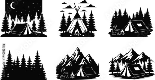 Camping tents in forest and mountains with campfire, outdoor adventure nature landscape silhouette collection vector illustration set