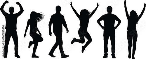 Dynamic human silhouettes, expressive body language, jumping, walking, dancing, celebration, standing poses, male female figures, vector art, abstract design, cad drawing flat vector illustration