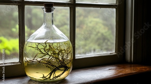 carboy. Glass carboy with a miniature ecosystem of moss on a windowsill. ESG reports, sustainability campaigns, designed for sustainability communications and ESG reporting, promotes sustainability.
