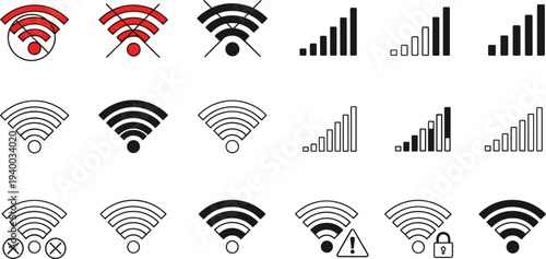 WiFi Signal and Network Status Vector Icon Set Featuring Wireless Strength, Connection Error, Locked Network, and Internet Indicators