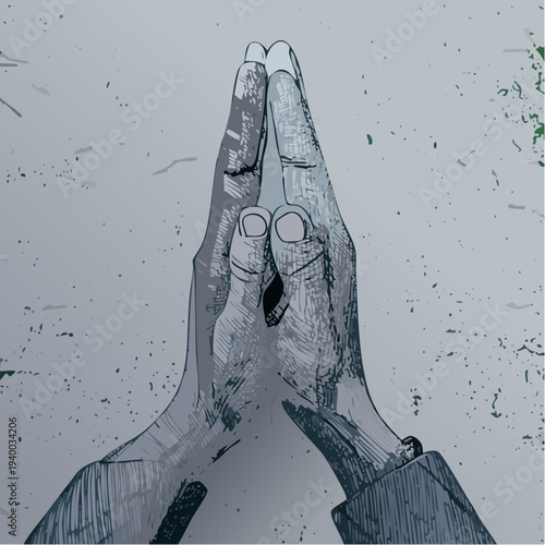 Stylized monochrome illustration of hands in a prayer gesture.