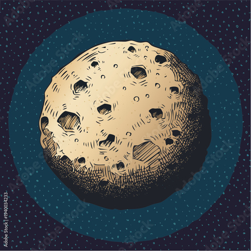 Hand drawn vintage style illustration of a heavily cratered moon or asteroid.