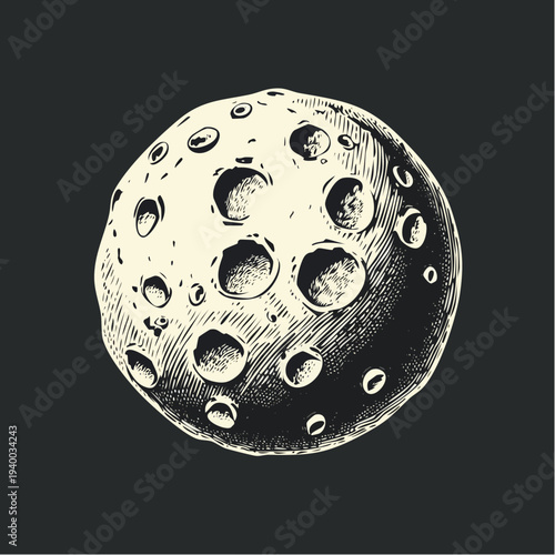 Vintage engraving style illustration of the full moon with craters.