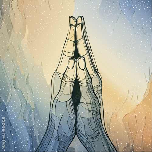 Stylized artistic illustration of hands in a prayer gesture.