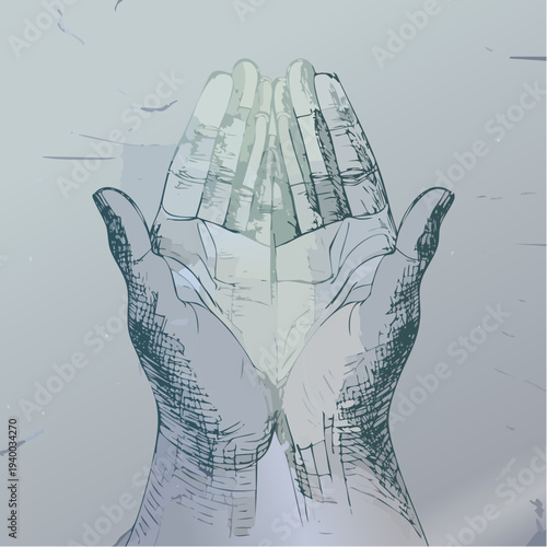 Stylized artistic illustration of two cupped human hands.