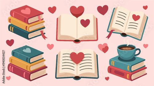 Cute romantic book lover clipart with books hearts and coffee on a soft pink background symbolizing love for reading and learning in a cozy atmosphere