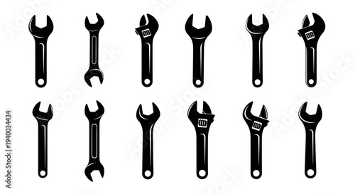 Collection of Various Wrenches and Spanners Isolated on White Background - Top View