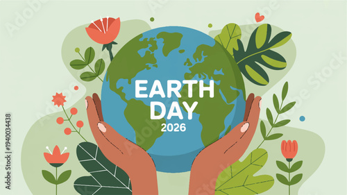 Earth day 2026 eco friendly vector illustration with hands holding the earth surrounded by green leaves and colorful flowers on a light green background