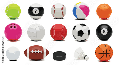 Sports Balls Vector Icon Set Featuring Soccer, Basketball, Baseball, Tennis, Volleyball, Bowling, Billiard, Hockey Puck, and Shuttlecock