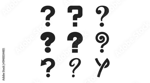 Various stylized question marks in different designs, representing curiosity and inquiry