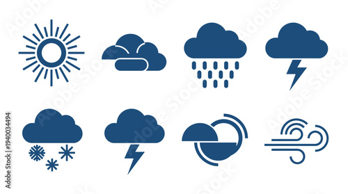 Collection of Diverse Weather Icons Representing Sun, Clouds, Rain, Snow, Storm, and Wind Conditions