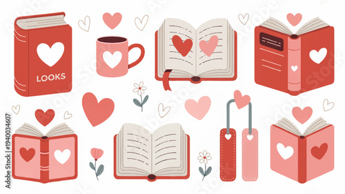 Valentine's day book clipart set with hearts books mug and flowers for readers