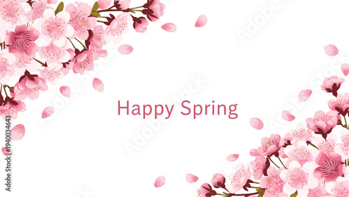 Beautiful pink cherry blossom flowers frame with falling petals and happy spring text isolated on a clean white background.