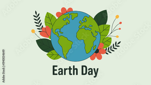Earth day greeting card design with planet earth leaves and flowers on light green background