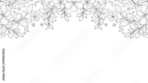 Elegant black and white hand drawn floral border with intricate line art flowers and leaves on a plain white background.
