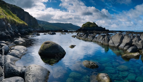 Serene rocky coastline with crystal clear waters and lush green mountains under a vibrant blue sky with fluffy white clouds