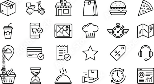Set of 50 travel and food line icons vector, black outline symbols including scooter, map, passport, luggage, restaurant, burger, pizza for web and app UI