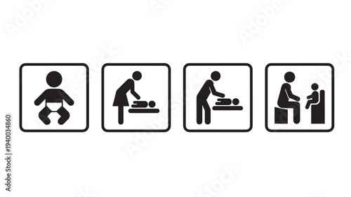Icons baby changing station symbols set for public facilities and baby care services. featuring diaper, parent, child with infant and nursery