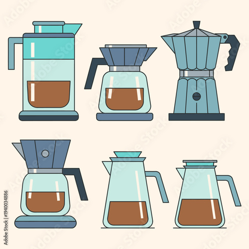 Collection of various coffee makers and brewing equipment.