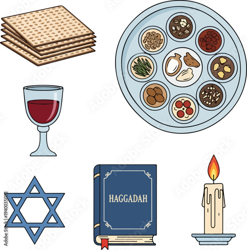 An assortment of traditional Jewish Passover Seder items including matzah, wine, a Seder plate, Haggadah book, Star of David, and a lit candle.