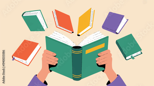 Hands holding open book surrounded by floating books in various colors on beige background