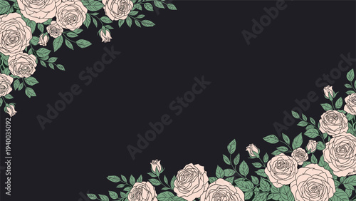 Soft pink rose flowers and green leaves arranged in opposite corners against a dark charcoal background for a floral frame.