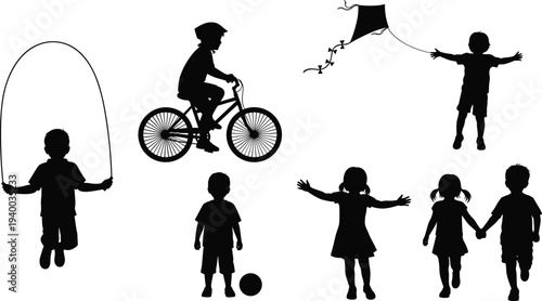 Children playing activities silhouette set with skipping rope, bicycle riding, kite flying, football and friends walking vector illustration