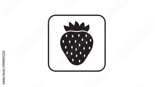 Strawberry icon with seeds inside a rounded square border, simple black and white graphic. featuring fruit, food, berry with symbol and design