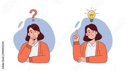 Young woman character in two states representing confusion with a question mark and inspiration with a glowing light bulb.