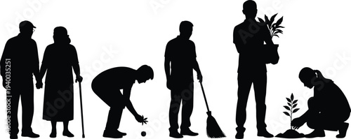 Community volunteering silhouettes planting trees, helping elderly couple and cleaning environment, social service teamwork vector illustration concept