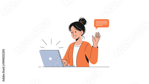 Young woman waving at her laptop screen with a chat message speech bubble representing a friendly video call or meeting.