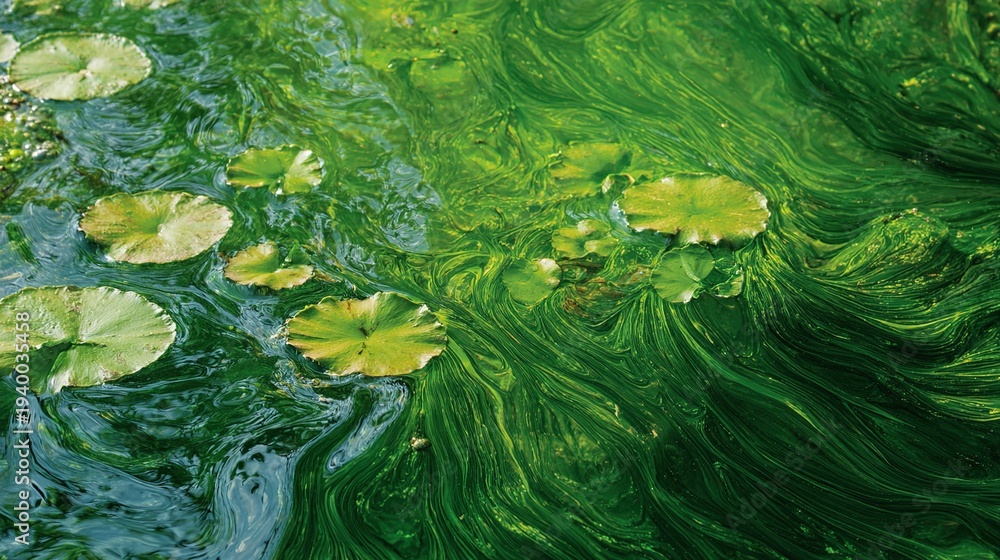 Fototapeta premium algal. Green algal film floating on pond surface with iridescent sunlight reflection. ESG reports, sustainability campaigns, designed for environmental awareness campaigns, drives climate awareness.