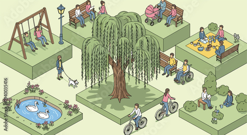 Isometric City Park Vector Illustration Featuring Playground, Cycling, Picnic Area, Pond with Swans, Benches, Trees, and Outdoor Activities