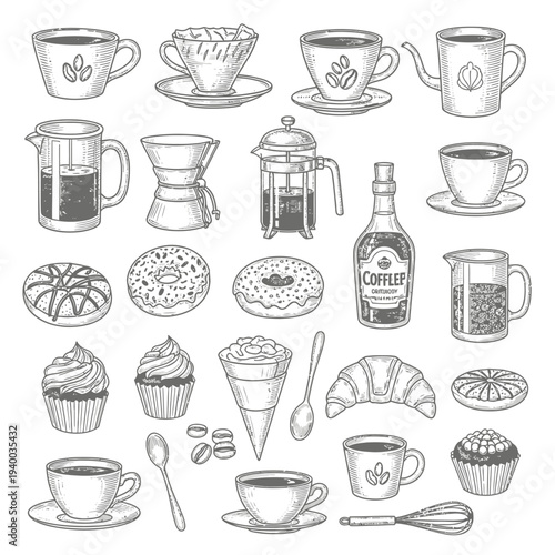 Hand-drawn sketch set of coffee, tea, and dessert items.