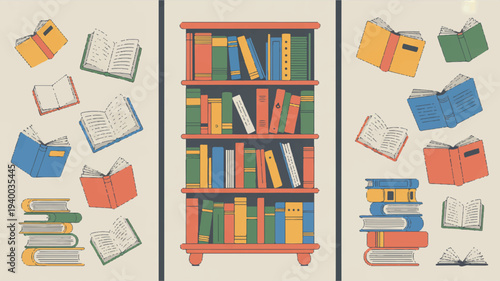 Vibrant book festival flyer with bookshelf and floating books in colorful arrangement