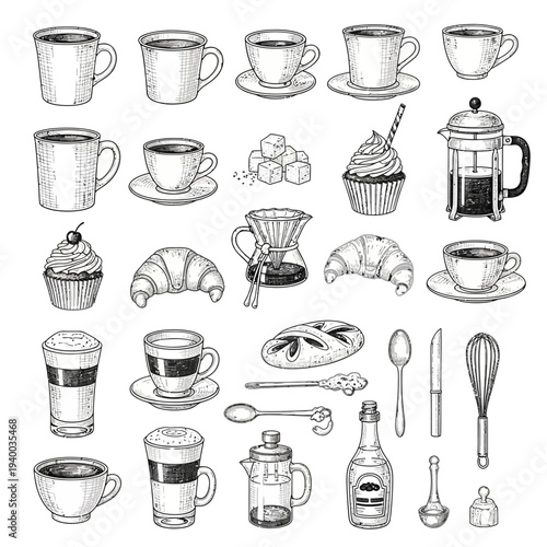 Hand-drawn sketch collection of coffee, pastries, and kitchen utensils.