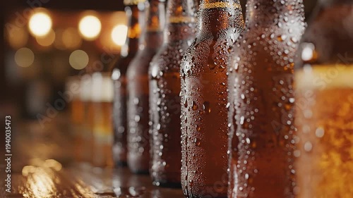 Row of Chilled Beer Bottles with Dew Drops in Dim Lighting
