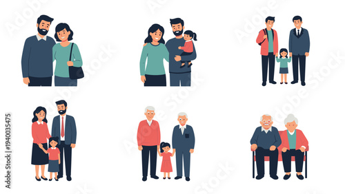 Set of six diverse family illustrations showing couples, parents with children, and grandparents together in a flat style.